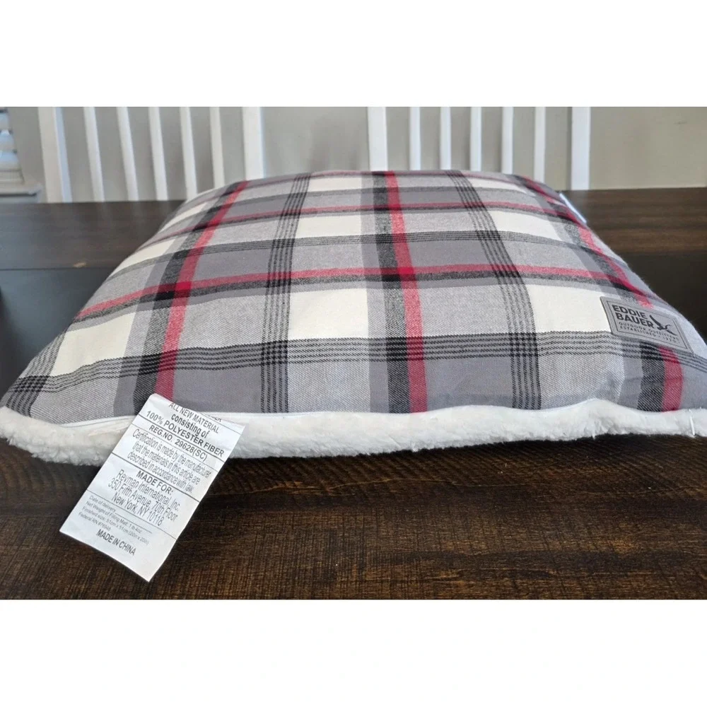 Eddie Bauer Decorative Throw Pillow Wallace Plaid Sherpa Red Black Square 20 NEW